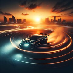 Cars drifting in circles with motion blur effect at sunset.