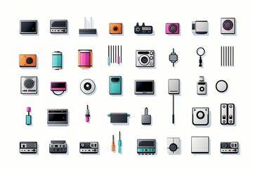 A collection of sleek, minimalistic vector icons representing various electronics devices in vibrant colors on a white solid background