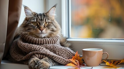 A fluffy cat wrapped in a scarf by a window with autumn leaves and a warm drink, soft tones, fine details, high resolution, high detail, 32K Ultra HD, copyspace