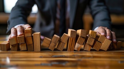 A man in a suit causing wooden blocks to collapse like a domino effect, soft tones, fine details, high resolution, high detail, 32K Ultra HD, copyspace