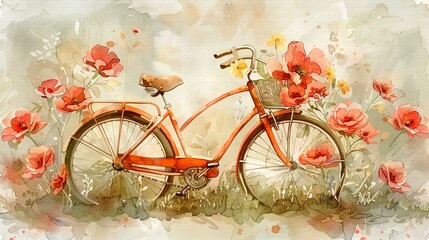 Fototapeta na wymiar 6K watercolor of a bicycle with flowers, vintage ink outlines, classic and charming, picturesque detail