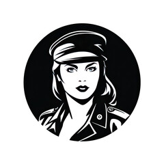 A logo of a female soldier with a black hat within a circle - obrazy, fototapety, plakaty