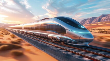 Conceptual image of a futuristic high-speed train crossing a desert, soft tones, fine details, high resolution, high detail, 32K Ultra HD, copyspace - obrazy, fototapety, plakaty