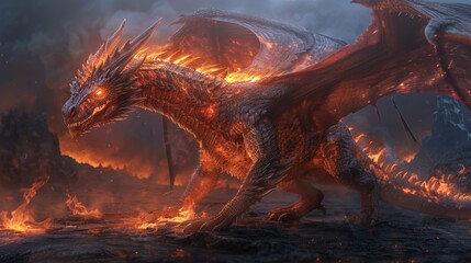 Digital art of a fiery dragon with glowing eyes in a dark landscape, soft tones, fine details, high resolution, high detail, 32K Ultra HD, copyspace