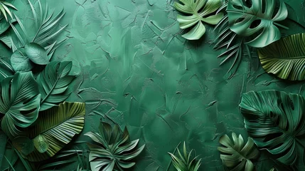 Fotobehang Embossed tropical leaves pattern on a textured green wall creating a natural abstract, soft tones, fine details, high resolution, high detail, 32K Ultra HD, copyspace © Vodkaz
