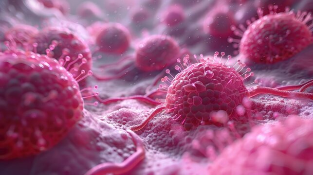 Detailed 3D illustration of cancer cells in a vein, soft tones, fine details, high resolution, high detail, 32K Ultra HD, copyspace