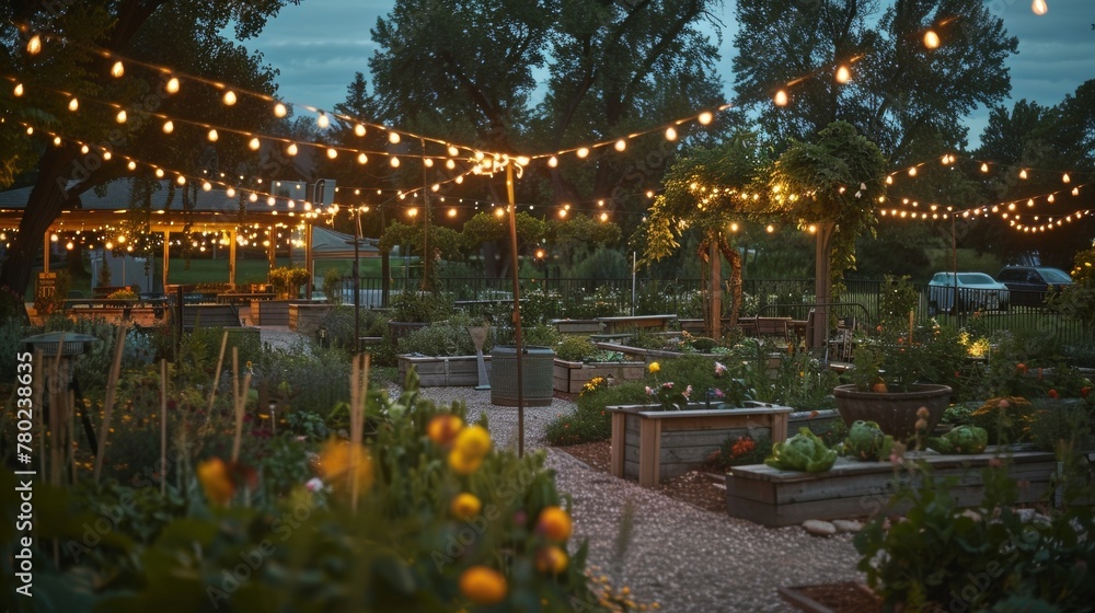 Poster a community garden with solarpowered string lights creating a beautiful and sustainable ambiance for