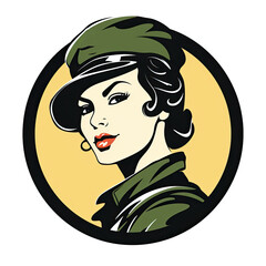 A logo of a female soldier with a green hat on a yellow background within a circle - obrazy, fototapety, plakaty