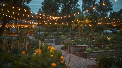 A community garden with solarpowered string lights creating a beautiful and sustainable ambiance for evening gatherings and events. . .