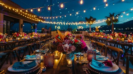 Outdoor evening event with festive lights and city view, perfect for gatherings and celebrations.