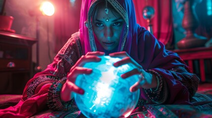 Intense gaze of a fortune teller with a crystal ball, ideal for cultural diversity themes. - obrazy, fototapety, plakaty