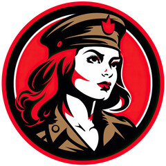 A logo of a female soldier within a circle with a red background - obrazy, fototapety, plakaty