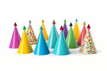 Obraz na płótnie Canvas A cluster of colorful party hats arranged neatly isolated on white solid background