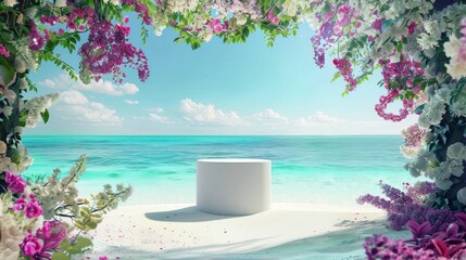 Soft white sand and crystal clear waters form the backdrop for this tropical podium with a canopy of vibrant flowers creating a stunning . . - obrazy, fototapety, plakaty