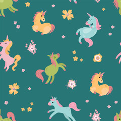 Seamless pattern with unicorns and flowers. Design for fabric, textiles, wallpaper, packaging.