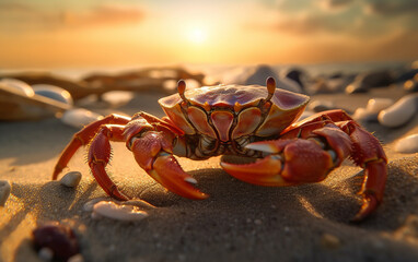 A little crab washes up on the beach at sunset - Powered by Adobe