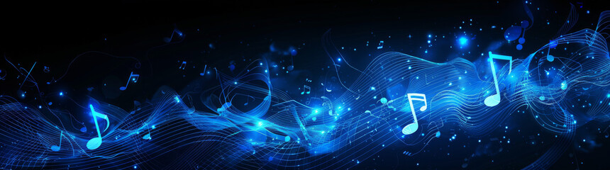 Abstract blue glowing music waves with musical notes on dark background