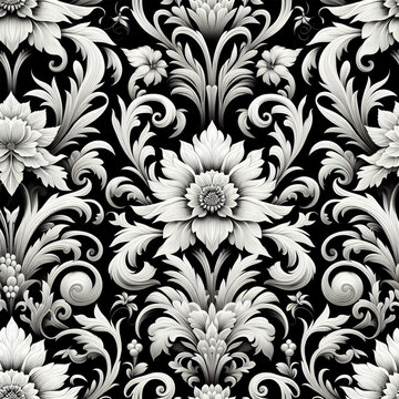 Beautiful floral elegant swirls damask fabric seamless pattern of hand drawn flowers with decorative dark vintage with colorful wallpaper background