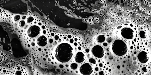 White foam texture on black background, closeup view of shampoo or cosmetic product