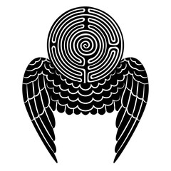 Flying maze. Round spiral labyrinth symbol with bird's or angel's wings. Creative concept. Black and white silhouette.