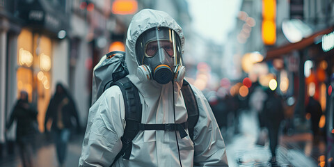Man in protective equipment disinfecting the city, generative ai - obrazy, fototapety, plakaty