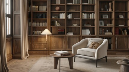 Fototapeta na wymiar The warm and inviting atmosphere of a home library is further enhanced by the addition of Soundproof Sanctuaries Panels. The natural wood finish of the panels adds a touch of warmth .