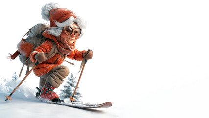 A old woman on cross country skis with sticks, Active winter holidays