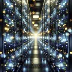 Zukunftsorientiertes Rechenzentrum: Schimmernde Server in einem beleuchteten Gang als Symbol für technologischen Fortschritt und solide digitale Infrastruktur