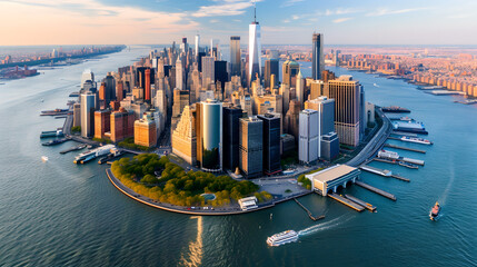 Aerial Photo of Manhattan Island with Office and Apartment Buildings , Hudson River Scenery with Yachts , Boats, One World Trade Center Skyscraper in the Middle of Skyline - obrazy, fototapety, plakaty