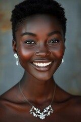 Portrait of smiling woman with beautiful smile. A radiant smiling woman with sparkling earrings and an infectious smile, showcasing joy and beauty