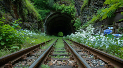 森の中の草に覆われたトンネルにまっすぐ続く廃線の線路