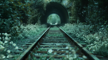 森の中の草に覆われたトンネルにまっすぐ続く廃線の線路