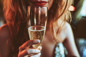 Elegant Woman Holding a Champagne Glass Celebrating the Holiday Season Indoors