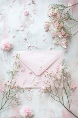 Elegant Pink Envelope Surrounded by Delicate Flowers on a Textured White Background