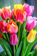 A beautiful arrangement of pink, yellow, and red tulips 