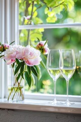 Tranquil Afternoon With White Wine and Peony by the Window