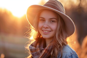 Young Woman Smiling With Sun Flare During a Warm Sunset Outdoors