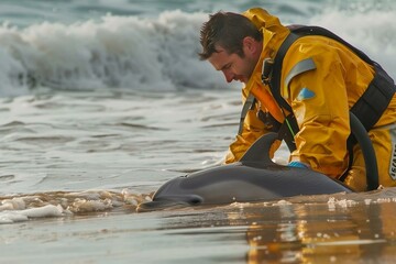 Ocean rescue:  marine rescuers saving marine mammals dolphins stranded on beaches, promoting marine conservation and ocean protection