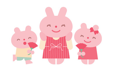 カーネーションをプレゼントして家族・ファミリー・親子でお祝いする母の日のかわいいうさぎ・動物イラスト素材