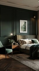 A bedroom with dark green walls, a large bed and wooden furniture in the style of wabi sabi, with vintage-inspired designs featuring simple elegance