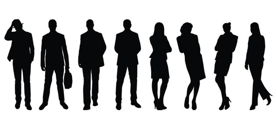 Businessman and businesswoman. Full body silhouette people on a white background. Men and women wearing a suit, front view. Vector illustration.