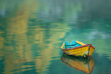A small yellow boat sits in a lake, with the water reflecting the boat