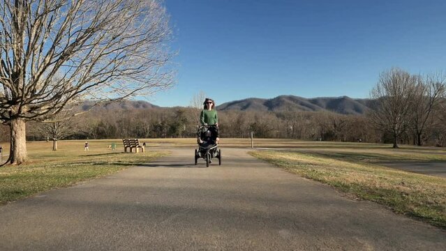 mother and one year bboy in a stroller are running in the park, mountains in the background, spring, front view