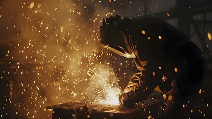 process of welding, showcasing sparks, protective gear, and skilled welders at work	 - obrazy, fototapety, plakaty