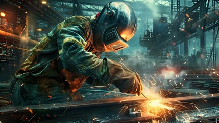 process of welding, showcasing sparks, protective gear, and skilled welders at work	 - obrazy, fototapety, plakaty
