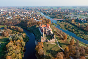 Medieval castle from above, Bauska town aerial panorama with medieval castle