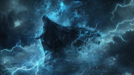 In the midst of a raging thunderstorm a figure clad in a long black cloak stands tall their eyes glowing with a deep blue hue as they tame the lightning with their hands. . - obrazy, fototapety, plakaty