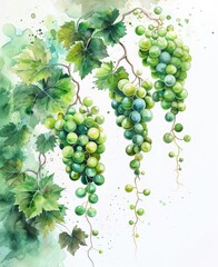 Watercolor Grapevines, Grape leaves and clusters, Natural greens,Dynamic Dimensions,Minimalistic,Digital Paintings,, easter  theme