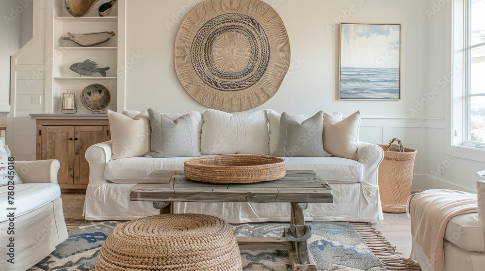 Poster a large circular woven wall hanging takes center stage in the entryway with its intricate design and