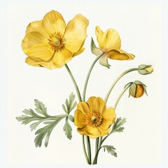 Buttercup, 1800s, watercolor, isolated on white golden hues